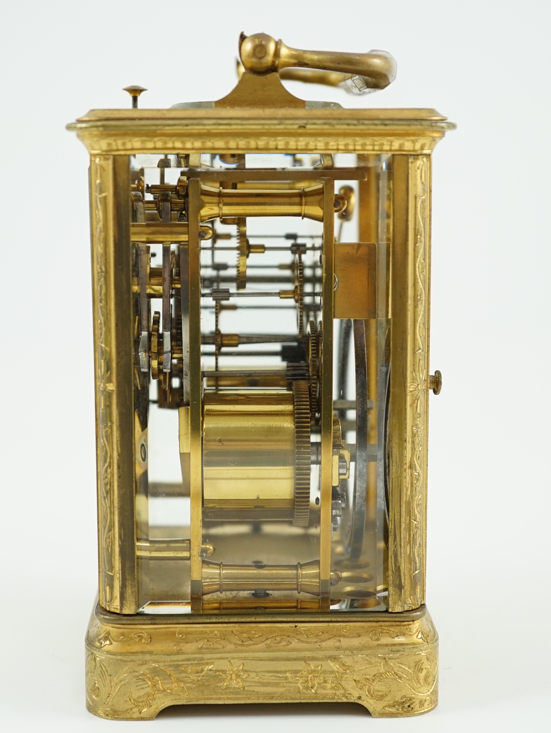 A late 19th century French gilt brass repeating carriage clock, width 8cm depth 7.5cm height 13cm
